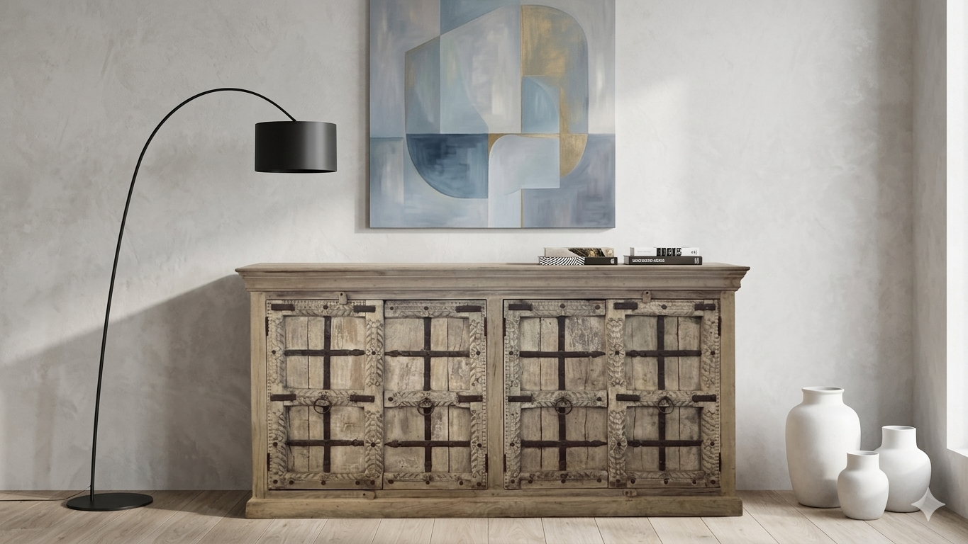TRENDYHOME Credenza Indiana "Fortress Heritage" – 4 Ante con Dettagli in Ferro - immagine 1