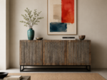 Credenza Artigianale "Monolite" - Legno Massello e Intarsi in Marmo Grigio