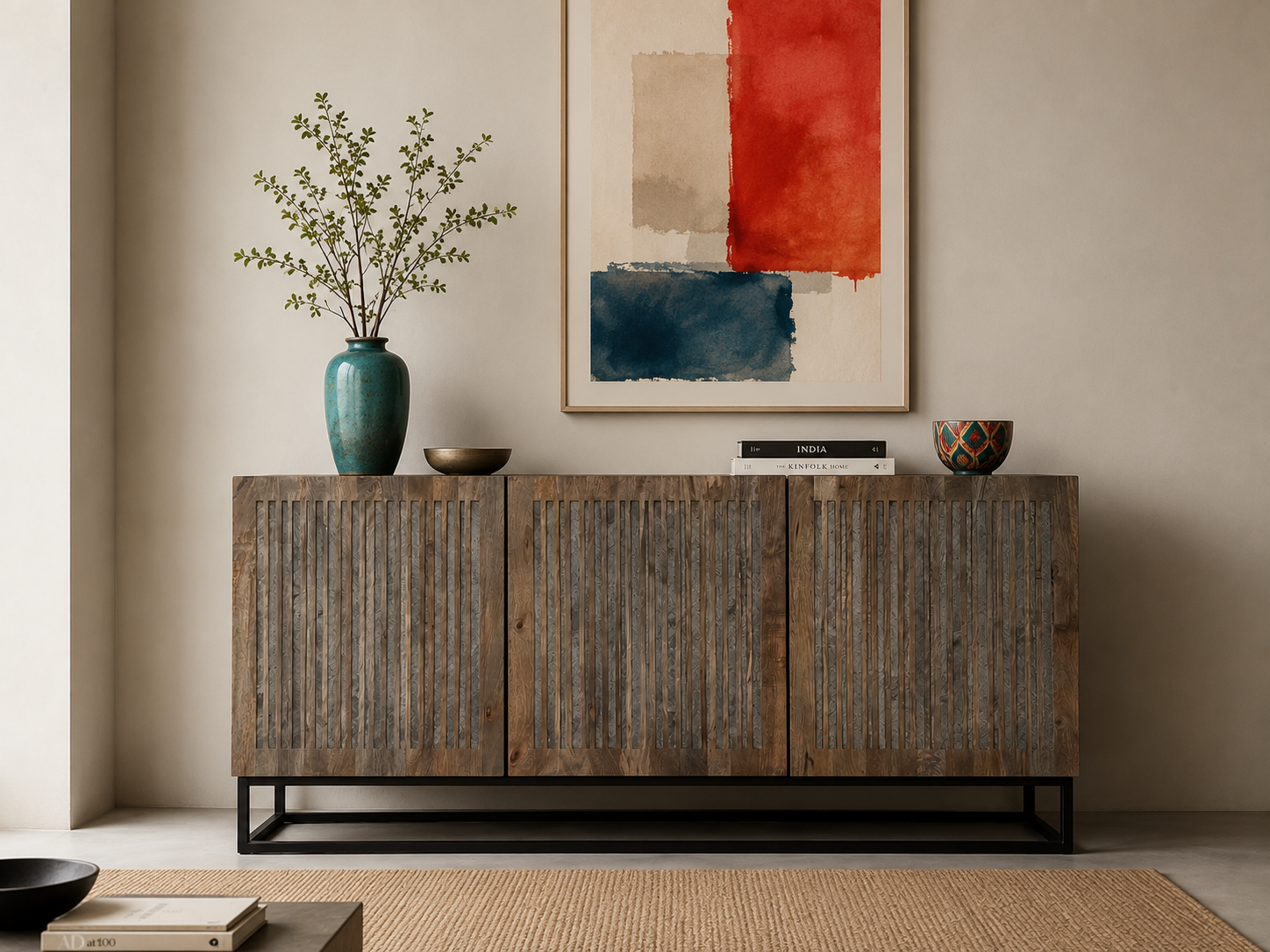 2 Credenza Artigianale "Monolite" - Legno Massello e Intarsi in Marmo Grigio - immagine 1